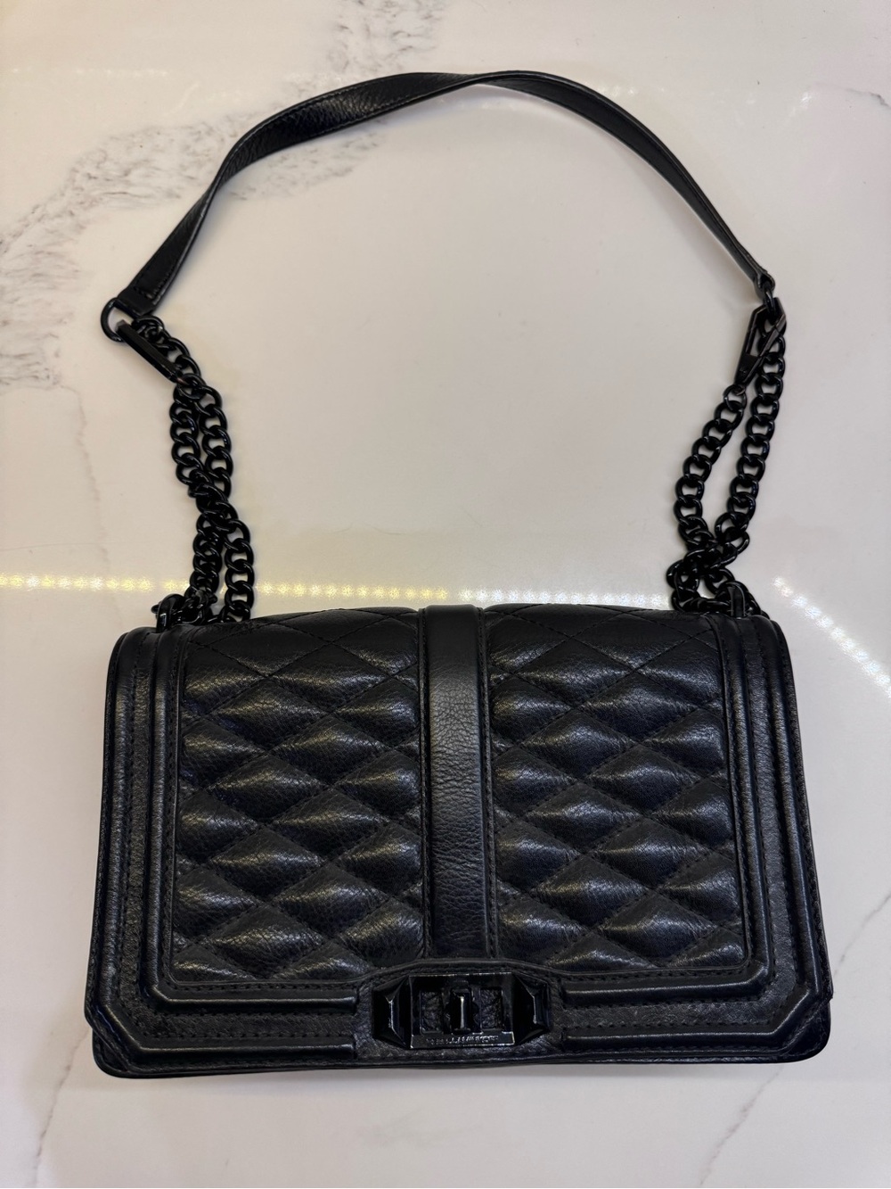 Rebecca Minkoff Black Quilted Leather Shoulder Bag with Polished Chain Strap